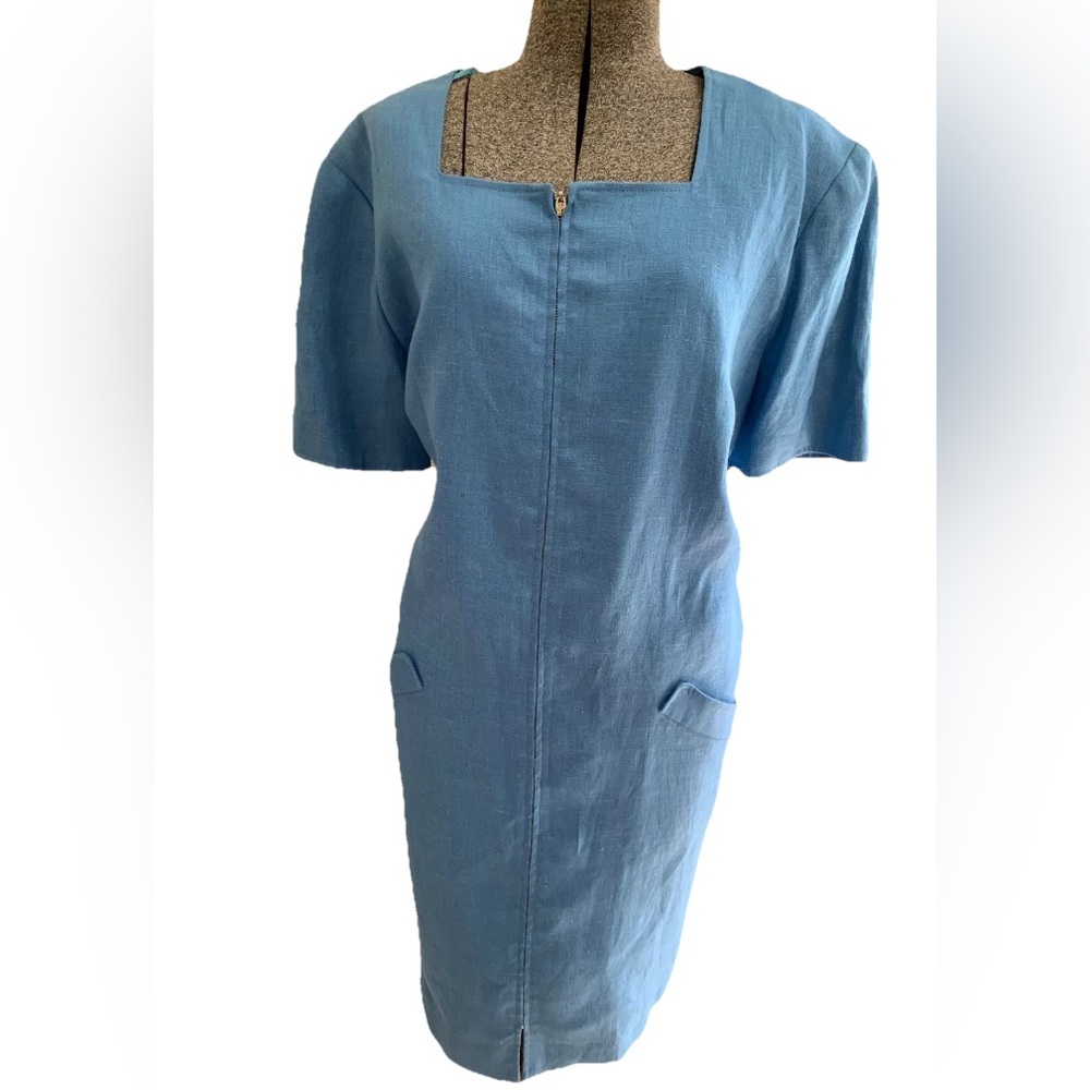 NEW Vintage Blue 100% Linen Short Sleeve Dress By Constance Saunders Size 20